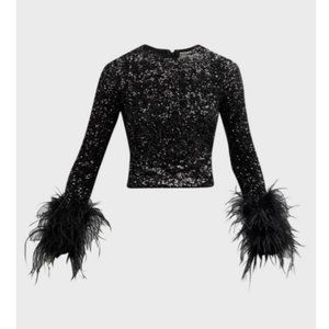SOLD OUT Alice + Olivia Delaina Black Sequined Top w/ Feather Cuffs Long Sleeves